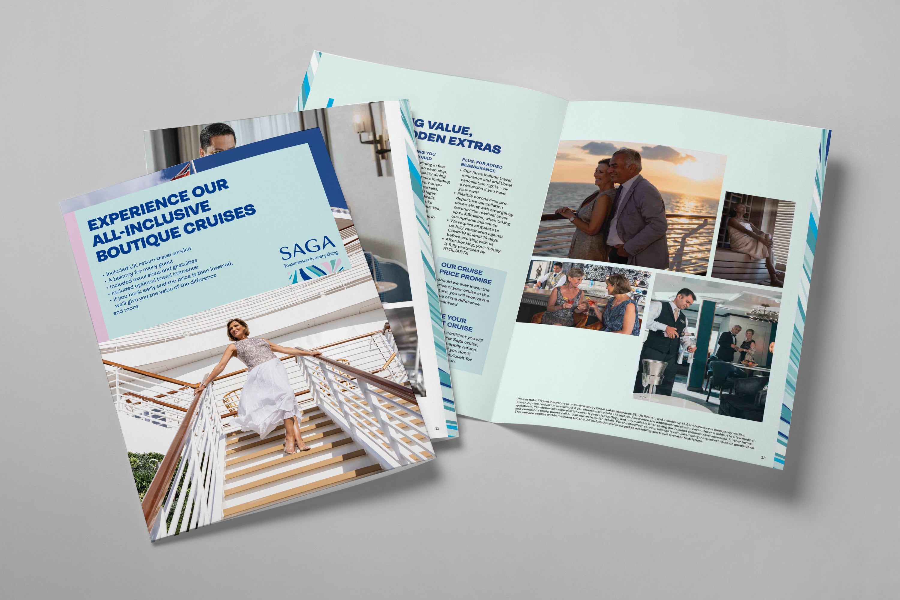 Saga boutique cruise brochure mockup — Experience Our All-Inclusive Boutique Cruises cover with interior spread