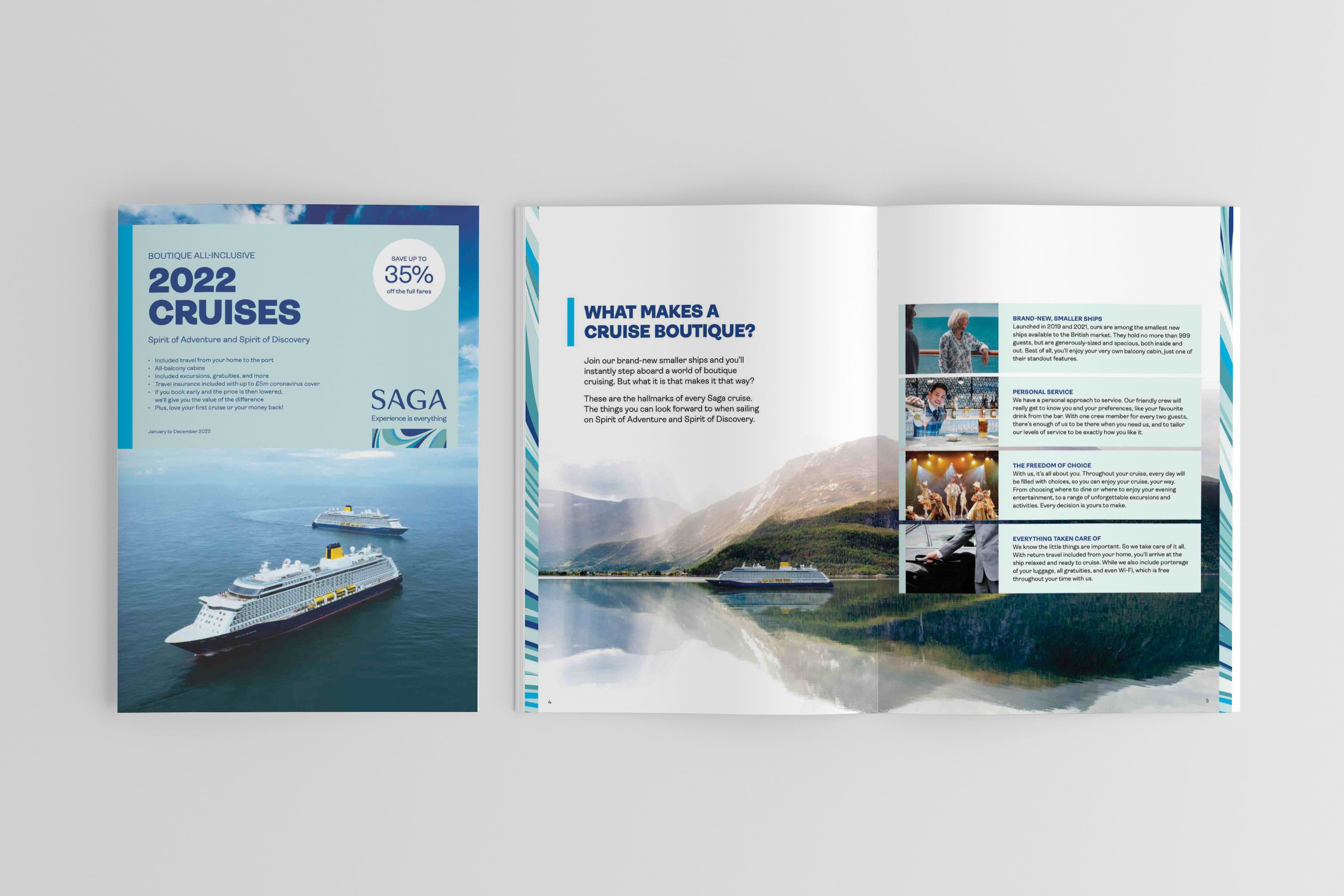 Saga boutique cruise brochure mockup — 2022 Cruises cover with What Makes a Cruise Boutique editorial spread