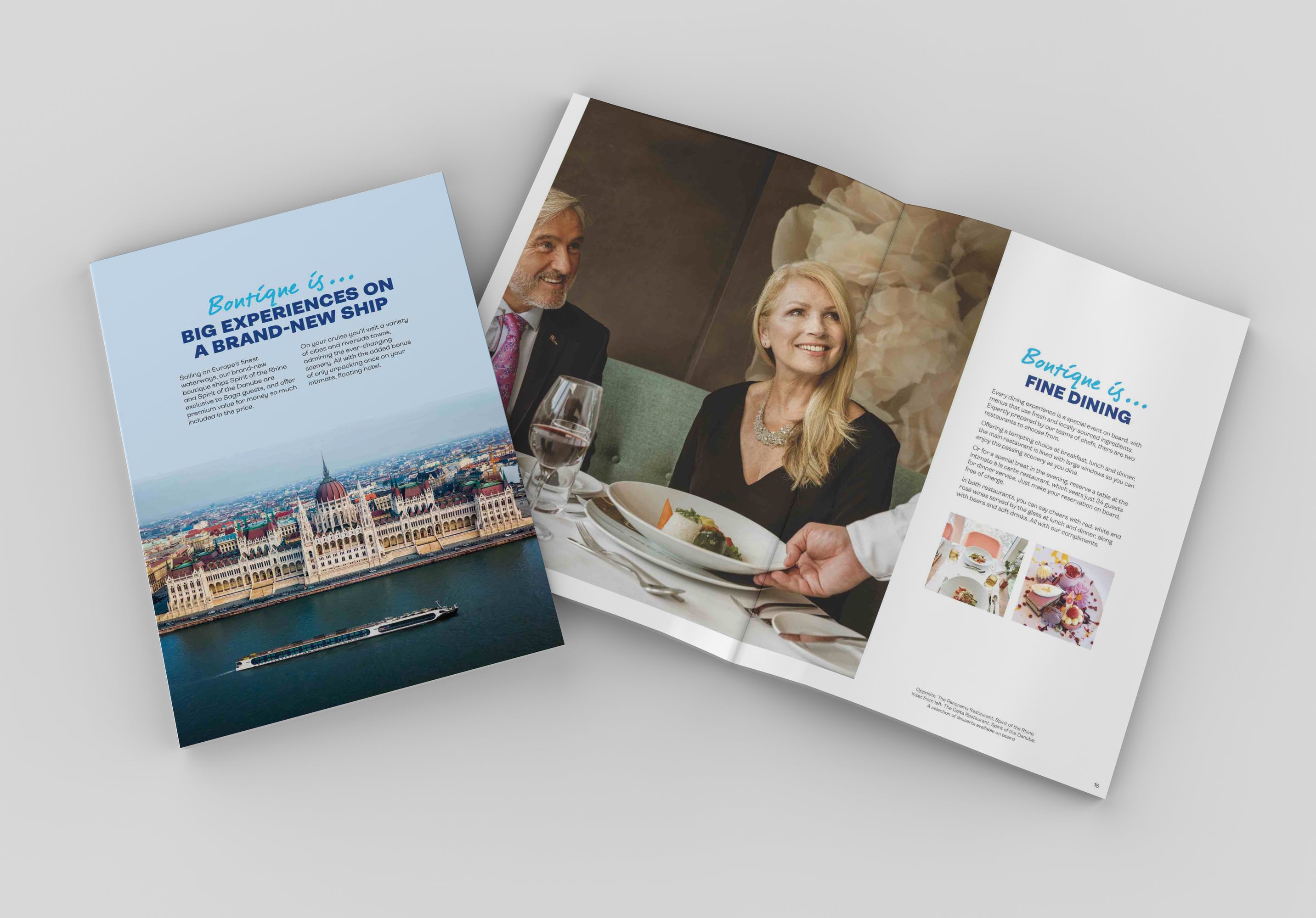 Saga boutique cruise brochure mockup — Big Experiences on a Brand-New Ship cover with Fine Dining editorial spread